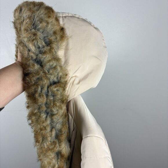 GUESS Hooded Puffer Coat Faux Fur Hood Women’s L Tan Jacket Insulated Y2K Winter - Picture 11 of 14